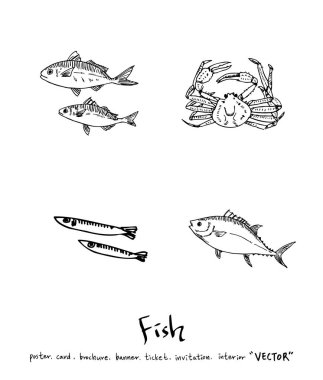 Çizilmiş gıda maddeleri el / deniz gıda resimleri - vektör