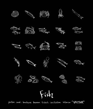 Çizilmiş gıda maddeleri el / deniz gıda resimleri - vektör