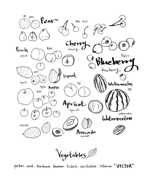 Hand Getekende Voedsel Ingrediënten Groente Fruitsector Illustraties Vector — Stockvector