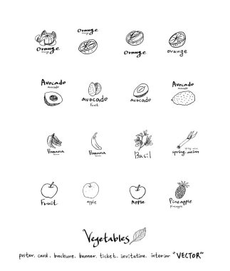 El çekilmiş gıda maddeleri - sebze ve meyve resimleri - vektör