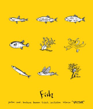 Deniz gıda menü çizimler / el çekilmiş gıda maddeleri - vektör