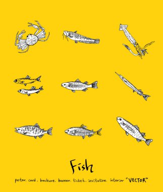 Deniz gıda menü çizimler / el çekilmiş gıda maddeleri - vektör