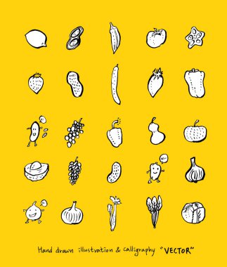 El çekilmiş gıda maddeleri - sebze ve meyve resimleri - vektör