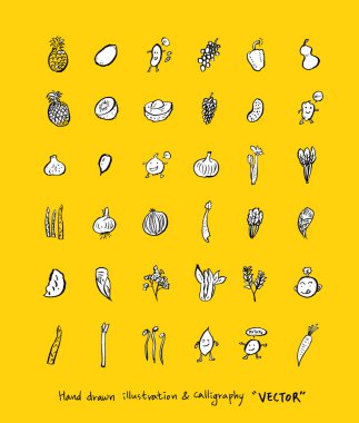 El çekilmiş gıda maddeleri - sebze ve meyve resimleri - vektör