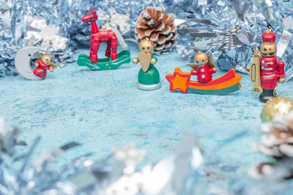 Christmas Sammansättningen Små Jul Tecken Med Blått Glitter Horisontell Kopia — Stockfoto