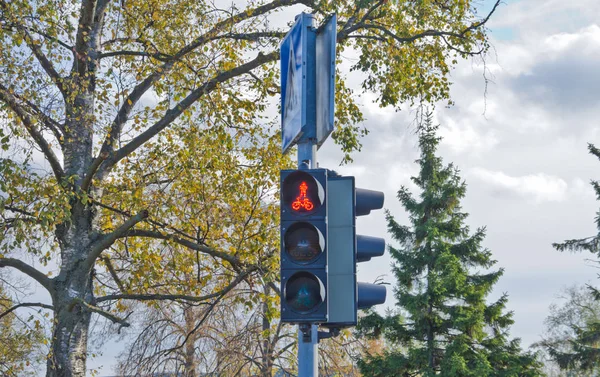 Red traffic light on the street of a European city. no transition. Tallinn.