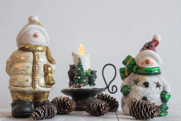 Christmas Toy Snowman Light Background Decorative Candles Christmas Horizontal Composition — Stock Photo, Image