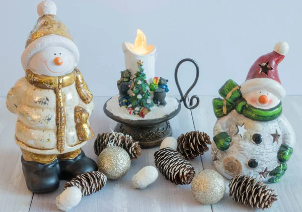 Christmas Toy Snowman Light Background Decorative Candles Christmas Horizontal Composition — Stock Photo, Image