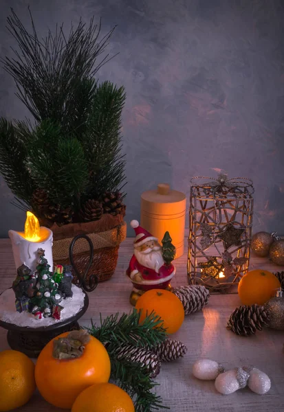 Christmas New Year Composition Candle Tangerines Christmas Decorations Pine Cones — Stock Photo, Image