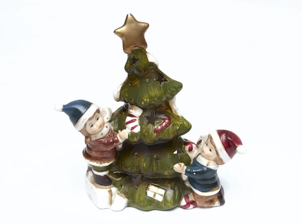 Christmas Ceramic Figurine Christmas Tree Children White Background — Stock Photo, Image