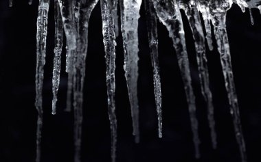 siyah bir arka plan üzerinde doğal buz sarkıtları sayısı. Kışın donmuş su. Sallanan buz sarkıtları grubu. kopya alanı.