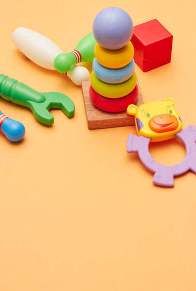background of children's educational toys. top view close-up. toys for young children. games for the development of the child. place for text.