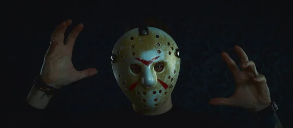 Miami, Florida, EE.UU. - 3 de mayo de 2019. Viernes 13 máscara de hockey de Jason Voorhees. Concepto de Halloween. el día de la muerte. hombre en una máscara de jason sobre un fondo negro . —  Fotos de Stock