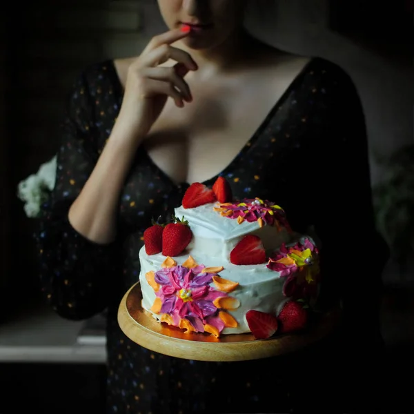 Confectioner Holding Birthday Cake Girl Dress Cake Her Hands Kitchen — Stock Photo, Image