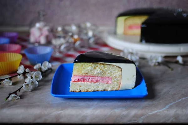 Birthday Cake Festive Cake Cake Marble Table Cake Plate — Stock Photo, Image