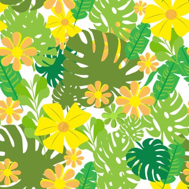 Tropikal vektör yeşil Dikişsiz desen beyaz arka plan bırakır. Egzotik duvar kağıdı