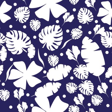 Tropic egzotik palmiye sorunsuz vektör desen bir trendy mavi vintage tarzı içinde bırakır. Doğa moda illüstrasyon resim çiçek orman duvar kağıdı üzerinde beyaz bir arka plan yazdırma