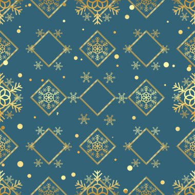 Noel altın kar tanesi seamless modeli. Mavi rhombus zemin üzerine altın kar tanesi. Kış kar doku duvar kağıdı. Sembol tatil, yeni yıl kutlama vektör çizim Eps 10