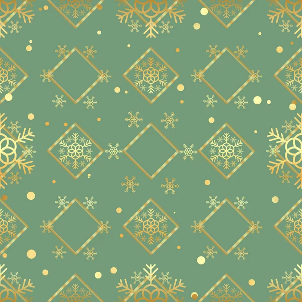 Christmas Gold Snowflake Seamless Pattern Golden Snowflakes Green Rhombus Background — Stock Vector