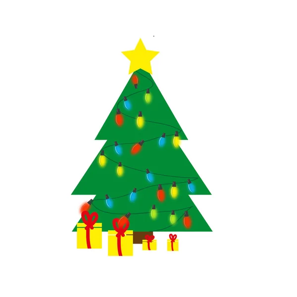 Fondo Navidad Con Árbol Decorado Cajas Regalo Regalos Planos Coloridos — Vector de stock