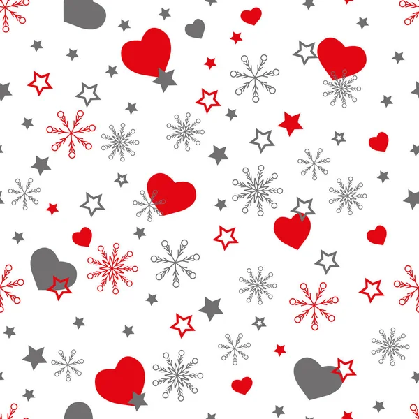 Kar taneleri, yıldızlar, kalpler ve ışıltılar ile sevimli kış vektör sorunsuz desen. Beyaz üzerinde yumuşak kırmızı elementler. Ambalaj kağıdı, tekstil, Yeni Yıl ve Noel hediye tasarımı için baskı olarak kullanılabilir. — Stok Vektör