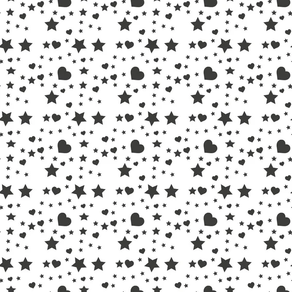 Seamless pattern with black hearts and stars on white background. Vector illustration — Stock Vector