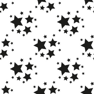 Beyaz arka planda siyah yıldızlı kusursuz desen. Vektör illüstrasyonu.