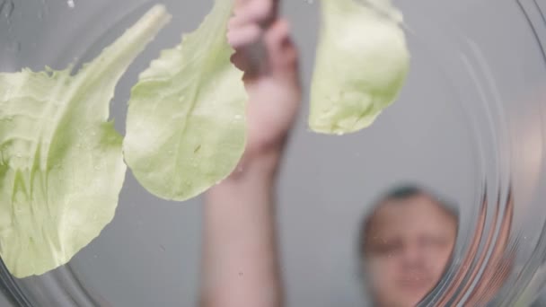 男は新鮮な緑のレタスをボウルに入れる サラダを作る 新鮮な野菜 サラダ カメラの下からの眺め — ストック動画