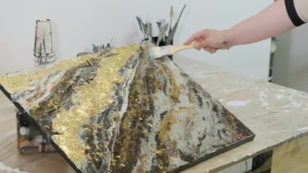 Artist Applies Gold Painting Drawing Picture Close — Stock Video