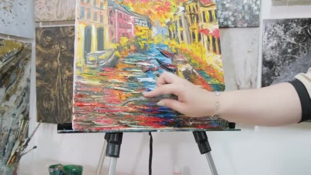 Process Applying Paint Canvas Artist Paints Picture Artist Works Art — Stock Video