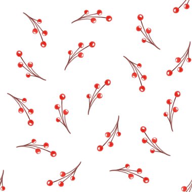 Noel dalı beyaz zemin üzerine kırmızı meyveler ile. Kış desen. Tekstil, tasarım, mutlu yeni yıl, yılbaşı, baskı, desen, çizim. Sulu boya çizim, çizim.