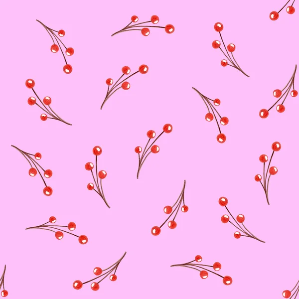 Noel dalı pembe bir arka plan üzerinde kırmızı meyveler ile. Kış desen. Tekstil, tasarım, mutlu yeni yıl, yılbaşı, baskı, desen, çizim. Sulu boya çizim, çizim.