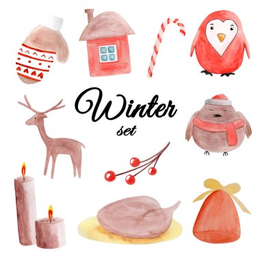 Suluboya kış. Yeni yıl öğeleri ve tatil tipografi. resim Etiketler, etiket, Etiketler, kartları, posterler için iyi. Süslü dikey kış tatil tebrik kartları yılbaşı ağacı, yılbaşı süsleri, ev.