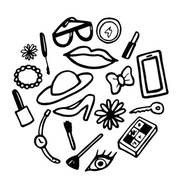 Beyaz arka planda vektör Illustration. Kadın aksesuarları.