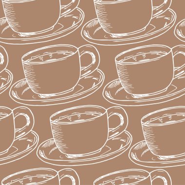 El çekme dikişsiz desen. Bir fincan kahve, çay zamanı. Vektör Illustration.