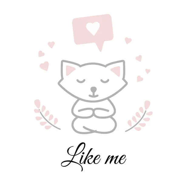 Chat blanc drôle assis dans une pose de yoga et méditant. Carte de voeux pour la Saint-Valentin. Concept-repos, vacances, amour, humeur . — Image vectorielle