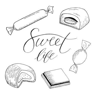 Vector set of line drawing candy, sketch on white background, design elements. Hand drawn sketch vector illustration. Menu design. Lettering sweet life.