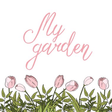 Benim bahçem. kabataslak logo, rozet tipografi simge ver. Yaprak ile bahar sezonu için tebrik kartı, davetiye şablon yazı. Retro, vintage afiş poster şablon arka plan yazı. Lale.