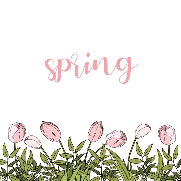 Hello Spring hand getekende logo, kentekenpictogram typografie. Belettering lente seizoen met blad voor wenskaart, uitnodiging sjabloon. Retro vintage belettering banner poster sjabloon achtergrond. Tulpen. — Stockvector