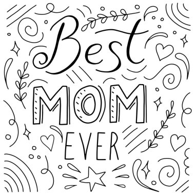 El yazılı yazı tırnak, kalpler, çizimler ile sevimli kelimeler ile anneler günü kartı. Beyaz arka planda vektör Illustration. Tasarım kavramı banner, kartpostal, hediye etiketi. En mest Anne hiç.