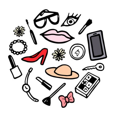Beyaz arka plan üzerinde vektör çizimi. kadın seti aksesuarları.