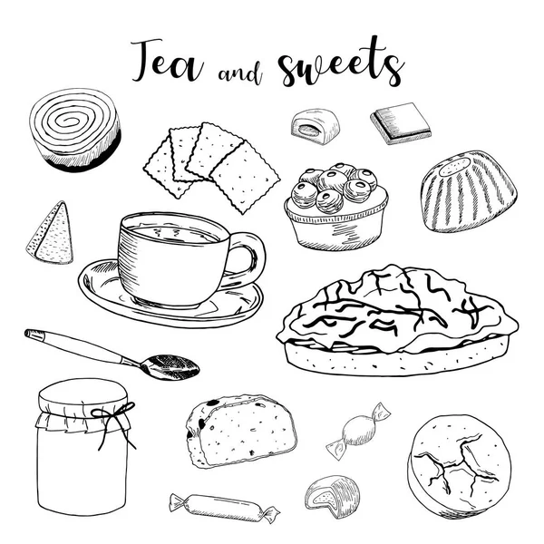 Vektor-Schwarz-Weiß-Illustration auf weißem Hintergrund. eine Tasse Tee und Süßigkeiten in einem großen Sortiment. — Stockvektor