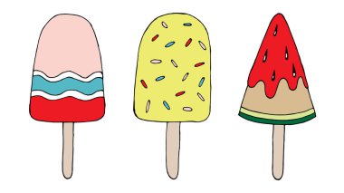 Beyaz arka planda vektör el çizmek çizim. Soğuk dondurma. Merhaba yaz, plaj, güneş. siyah ve beyaz.