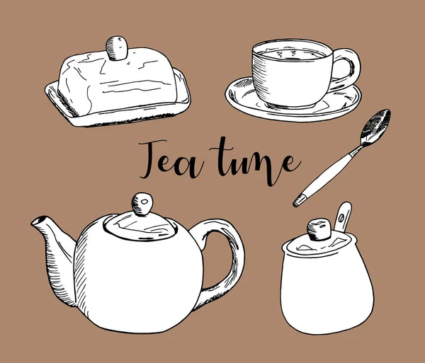 Vektor-Illustration auf farbigem Hintergrund. eine Tasse Tee und ein Wasserkocher auf dem Tisch. Teezeit. — Stockvektor