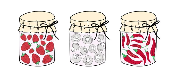 Set di illustrazione vettoriale disegnata a mano colorata. Set di barattoli di sottaceti con verdure. Set con verdure in scatola . — Vettoriale Stock