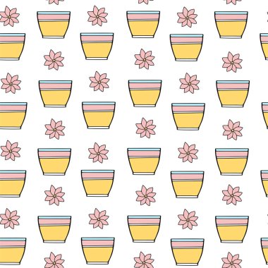 Sevimli Dikişsiz desen designe. Bir tencerede pembe tropikal çiçek. Bahçe. Beyaz arka planda el çizmek çizim. Yaz zamanı. Bahar geliyor.