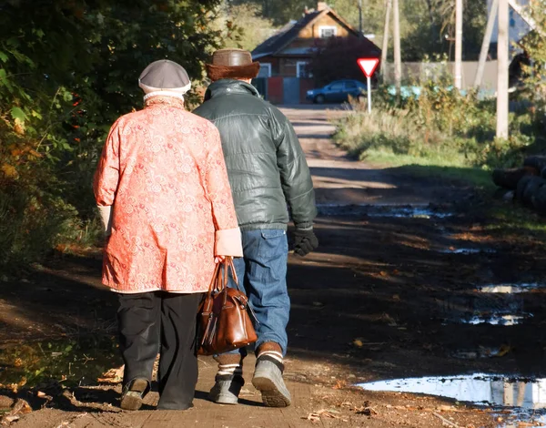 老人和老人背对着镜头走在农村的街道上 — 图库照片