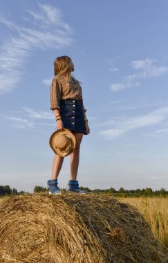 Neşeli genç kız sarı mesafe mavi bakarak bir buğday alan ortasında bir haystack ayakta