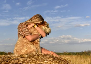 Tüylü bir köpek bir parlak gökyüzü arka plan doğa frend sarılma uzun sarı saçlı bir kız