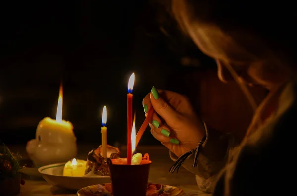 Divination Ritual Few Different Candles Night — Stock Photo, Image